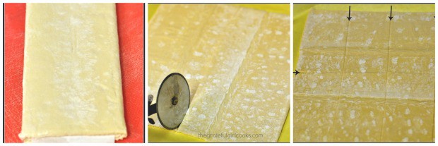 Cutting puff pastry dough to make individual apple cream cream cheese pastries.