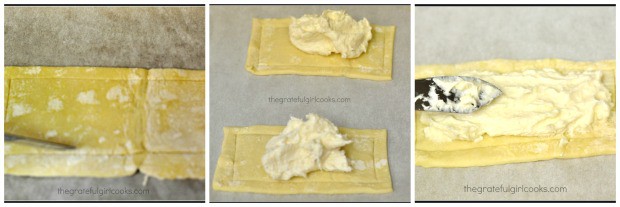 Placing the cream cheese filling onto pastry dough, for apple cream cheese pastries.