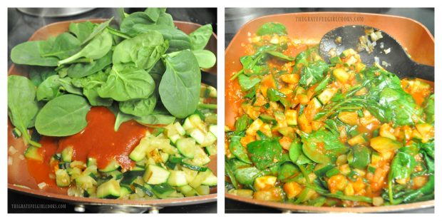 Fresh spinach is added to zucchini marinara sauce to wilt down