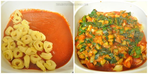 Layer of tortellini added to baking dish, then zucchini and spinach sauce.