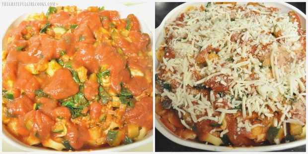 Tortellini with marinara, veggies, and grated cheese on top, ready to bake