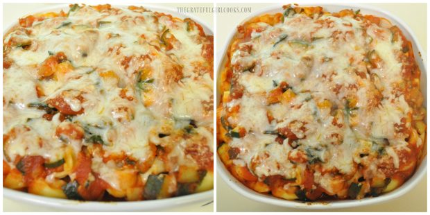 Tortellini, marinara, and zucchini baked casserole out of oven