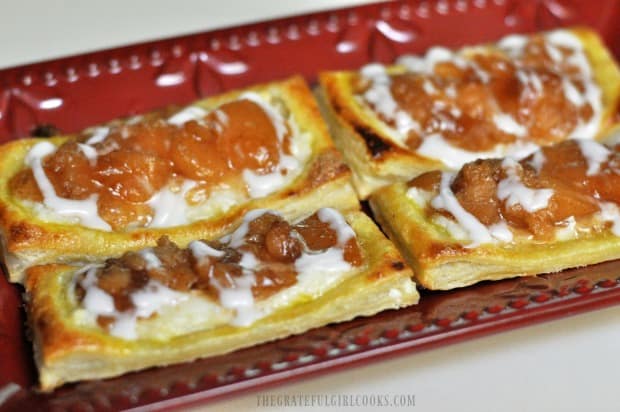 Apple cream cheese pastries, on red platter, ready to serve!