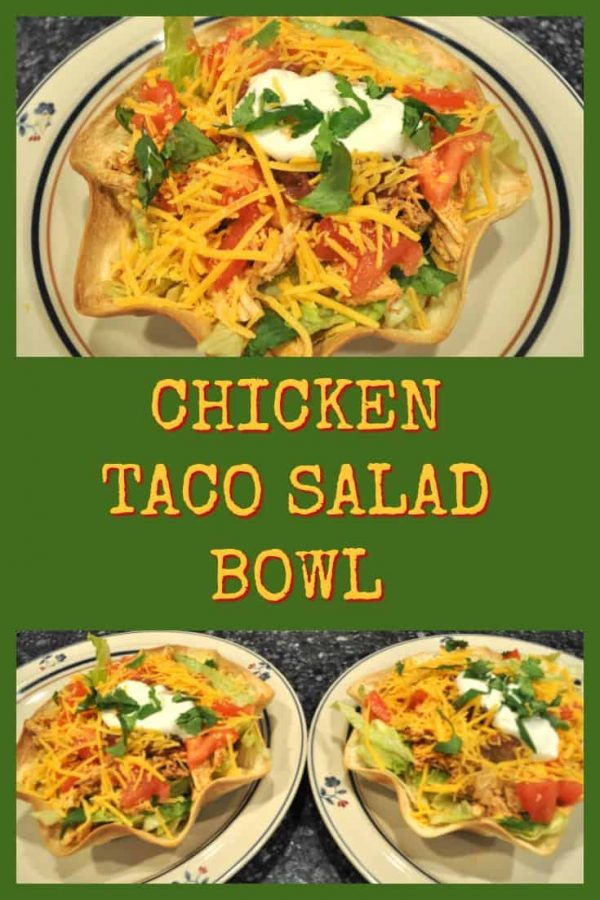 Make a Chicken Taco Salad in an edible tortilla bowl shell! Why go out when you can enjoy this yummy, filling Mexican salad from home?