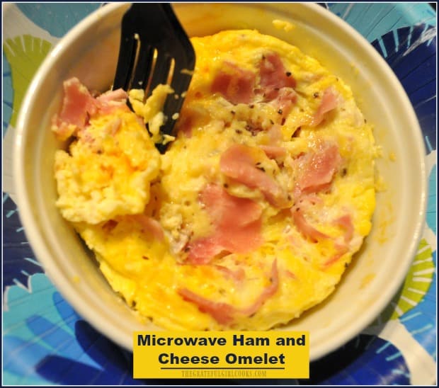 You're gonna love this microwaved ham cheese omelet on those crazy BUSY days! Mix it up, cook for 1-2 minutes in the microwave, and BOOM... breakfast is served!