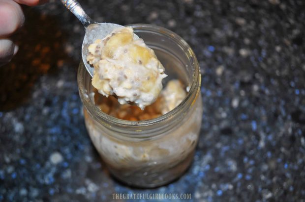 Overnight Banana Coconut Oats have the consistency of pudding after being refrigerated overnight.