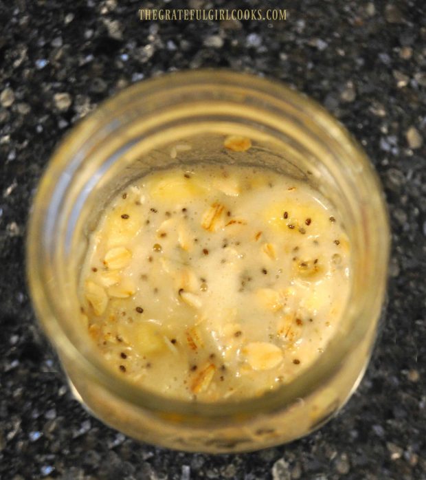 Canned coconut milk is added to jar with overnight banana coconut oats.