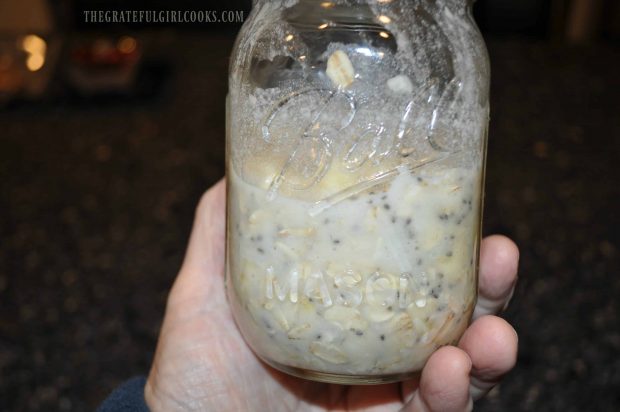 Overnight Banana Coconut Oats are mixed in jar, then refrigerated overnight.