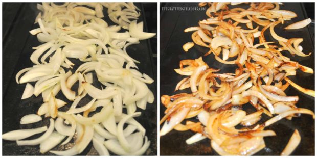 Sliced onions are cooked until browned for the patty melt.
