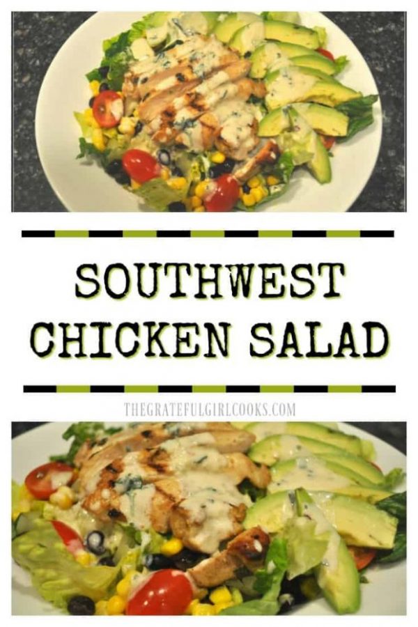 You'll love this Southwest chicken salad with marinated chicken, beans, corn, tomatoes, avocados, and lettuce, topped w/ a creamy lime cilantro dressing!