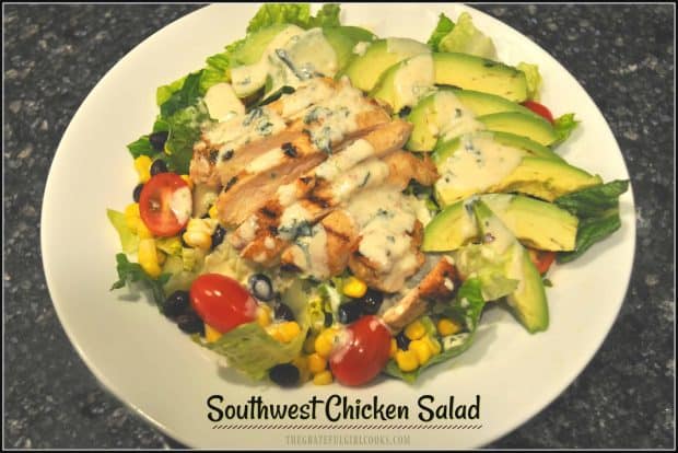 You'll love this Southwest-inspired salad with marinated chicken, beans, corn, tomatoes, avocados, and lettuce, topped w/ a creamy lime cilantro dressing!