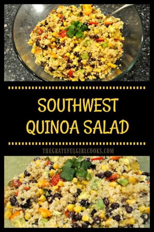Southwest Quinoa Salad is a healthy side or vegetarian dish featuring quinoa, tomatoes, corn, beans, peppers, avocado, and a flavorful cilantro lime dressing!