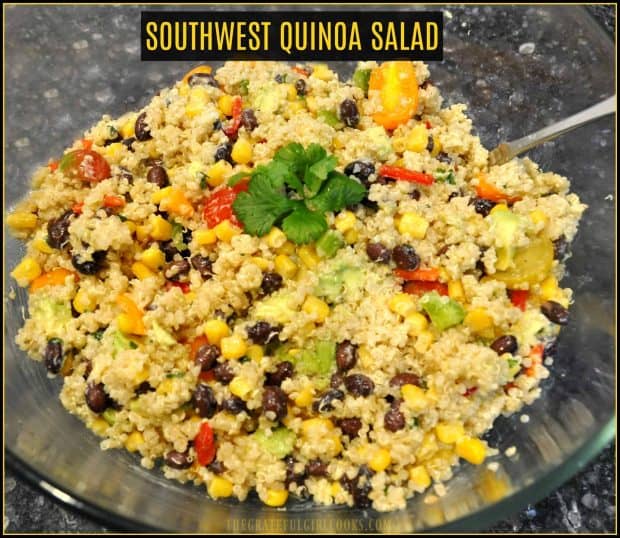 Southwest Quinoa Salad is a healthy side or vegetarian dish featuring quinoa, tomatoes, corn, beans, peppers, avocado, and a flavorful cilantro lime dressing!