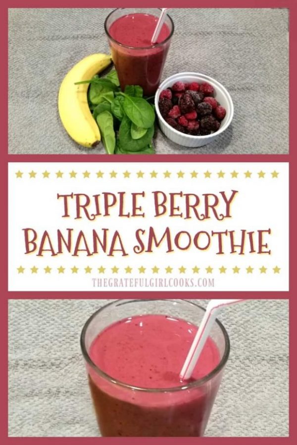 A Triple Berry Banana Smoothie is a delicious treat, with raspberries, blueberries, blackberries, banana, spinach, orange juice, and Greek yogurt!