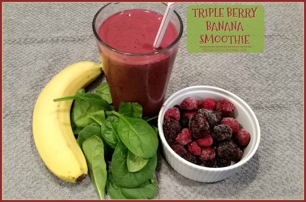 A Triple Berry Banana Smoothie is a delicious treat, with raspberries, blueberries, blackberries, banana, spinach, orange juice, and Greek yogurt!