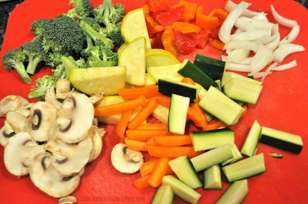 Chopped Stir Fry Veggies on red cutting mat