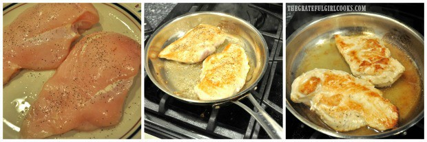 3 picture collage of raw chicken, then cooking and browning in skillet