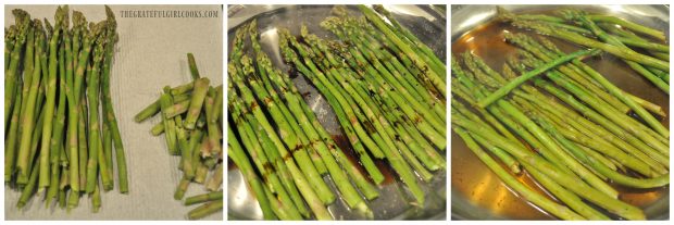 3 picture collage of asparagus, raw, and with sauce, cooking in skillet