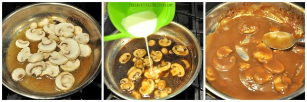 3 picture collage of raw mushrooms, cooking with sauce added to skillet