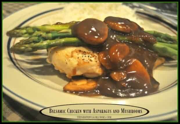 Pan-seared balsamic chicken with grilled asparagus and mushrooms, topped with a flavorful pan sauce, is an easy, delicious, and healthy dinner!