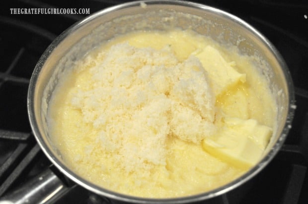 Adding Parmesan cheese and butter to polenta in pan