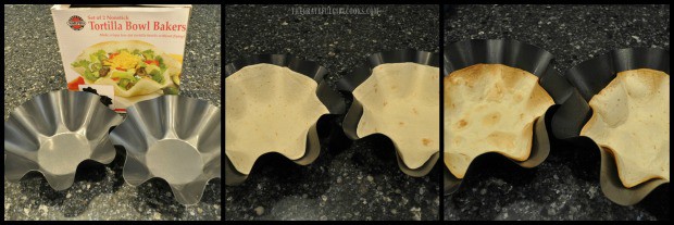 3 photo collage of baked tortilla bowls