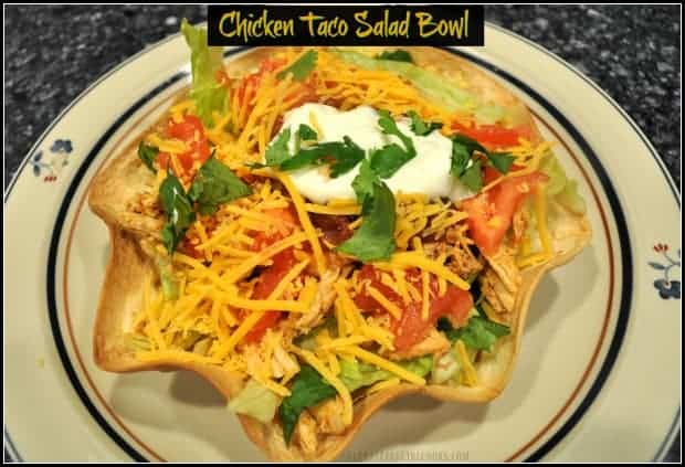 Make a Chicken Taco Salad in an edible tortilla bowl shell! Why go out when you can enjoy this yummy, filling Mexican salad from home?