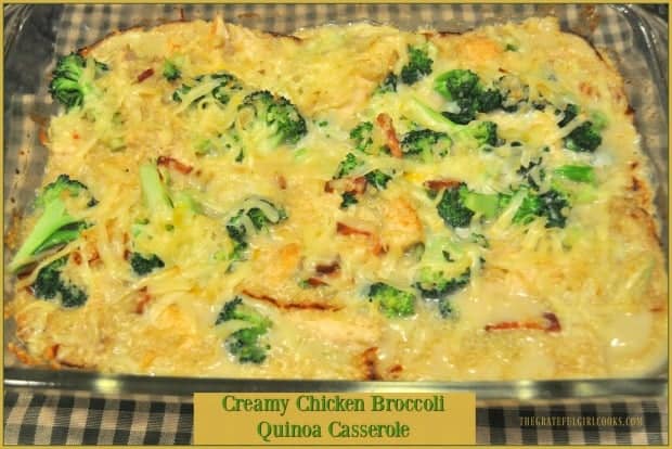 You'll love this family friendly creamy chicken broccoli quinoa casserole, with chicken, broccoli and quinoa in a creamy, cheesy sauce for dinner! Serves 6.