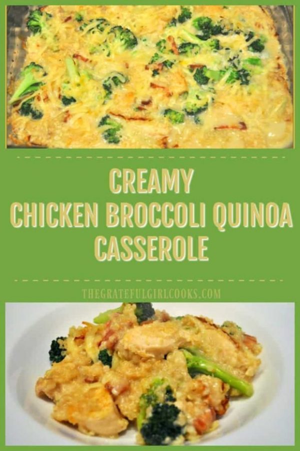 You'll love this family friendly creamy chicken broccoli quinoa casserole, with chicken, broccoli and quinoa in a creamy, cheesy sauce for dinner! Serves 6.