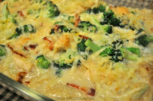 Baked chicken broccoli quinoa out of oven