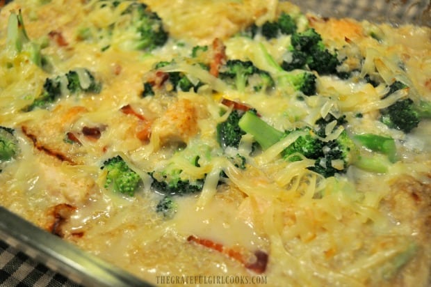 Baked chicken broccoli quinoa out of oven