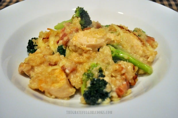 Baked chicken broccoli with quinoa casserole in white bowl