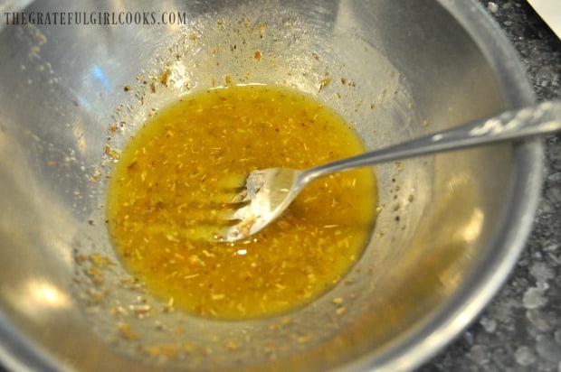 Salad dressing for quinoa in small metal bowl