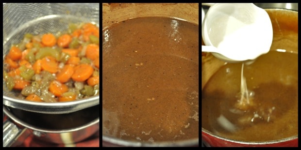 Vegetables in strainer, liquid in pan, adding flour/water to pan sauce