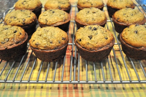 Banana chocolate chip muffins cooling on wire rack