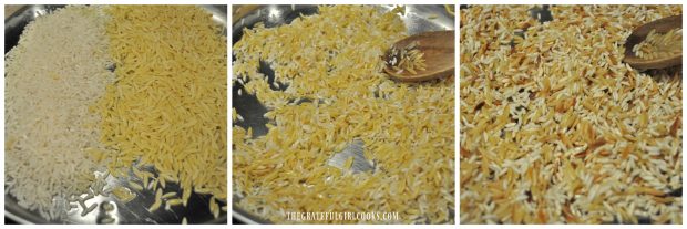 Rice and orzo for pilaf cooking in skillet