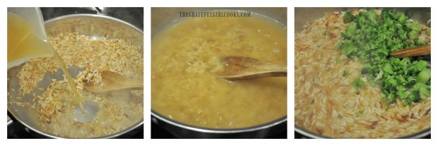 Vegetable broth and broccoli added to rice pilaf in skillet