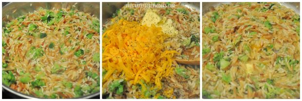 Pilaf with broccoli, cheese and butter in skillet