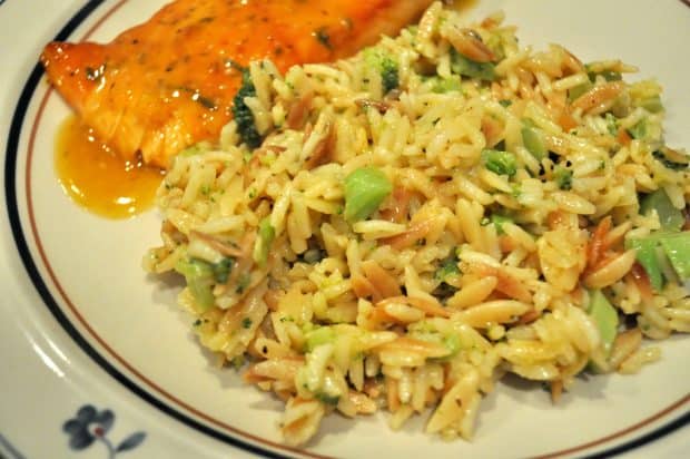 Broccoli au gratin rice pilaf on plate with salmon fillet