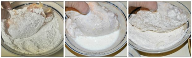 Dipping poultry in flour, buttermilk, and back in flour