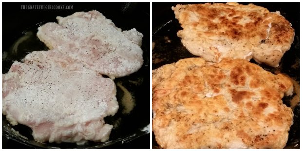 Chicken cooking in skillet and browned