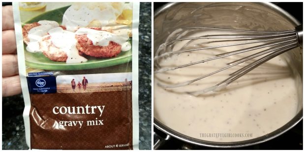 Country gravy mix envelope and gravy in saucepan