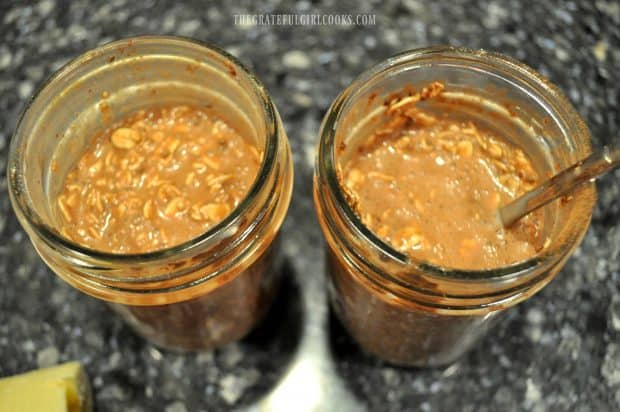 2 pint jars containing oats mixed with coconut milk