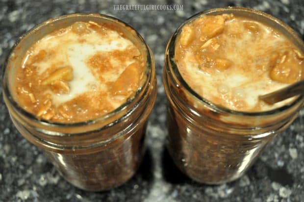 Coconut milk in jars of chocolate oats