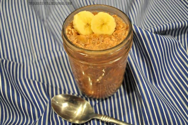 Jar of chocolate oats with banana slices