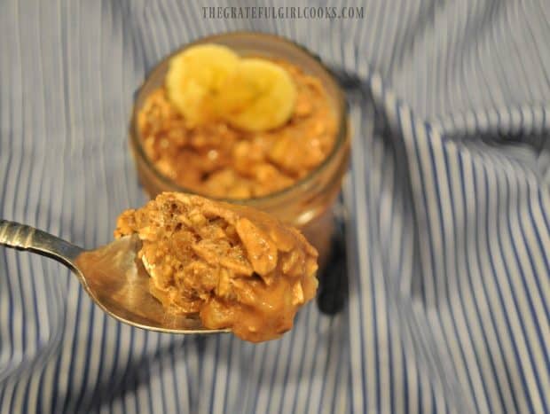 chocolate overnight oats on a spoon
