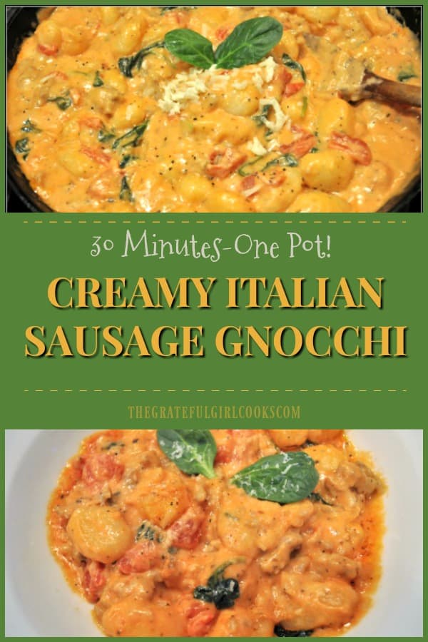  If you're looking for a flavorful, 30 minute, 1 pot, comfort food dinner, you'll love Creamy Italian Sausage Gnocchi, with spinach, tomatoes and mozzarella! 