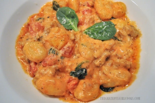 Single serving Italian sausage gnocchi in white bowl