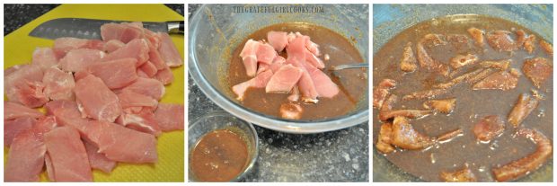 Slices of pork marinating in hoisin sauce