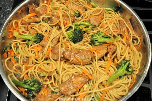 Pork, hoisin sauce, noodles and broccoli mixed in skillet